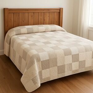 Neutral Patchwork Quilt  Cream Gray Plaid Textural Cozy Accent 80"SQ‎  #96